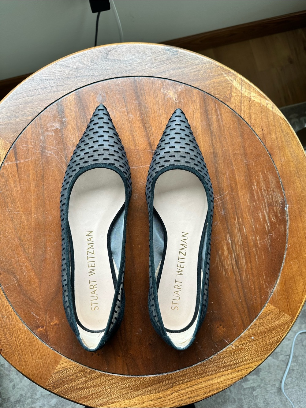 Stuart Weitzman Black Pointed Toe Classic Flats Sugar Mesh Dot -9
